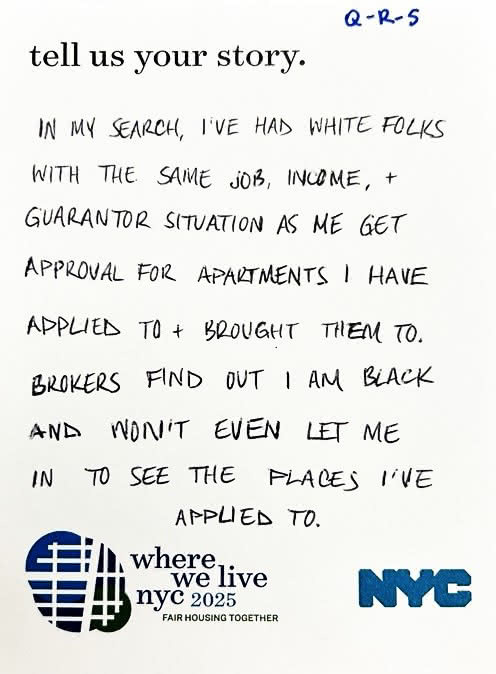 photo of handwritten story card about apartment search and racism